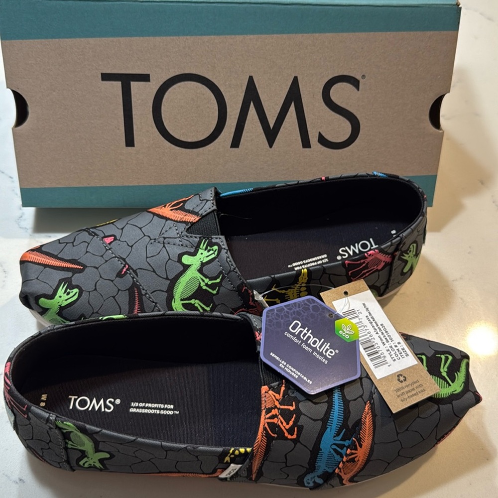Toms Alpargata Glow in the Dark Neon Multi Dino Dig Print Slip On Loafers Shoes